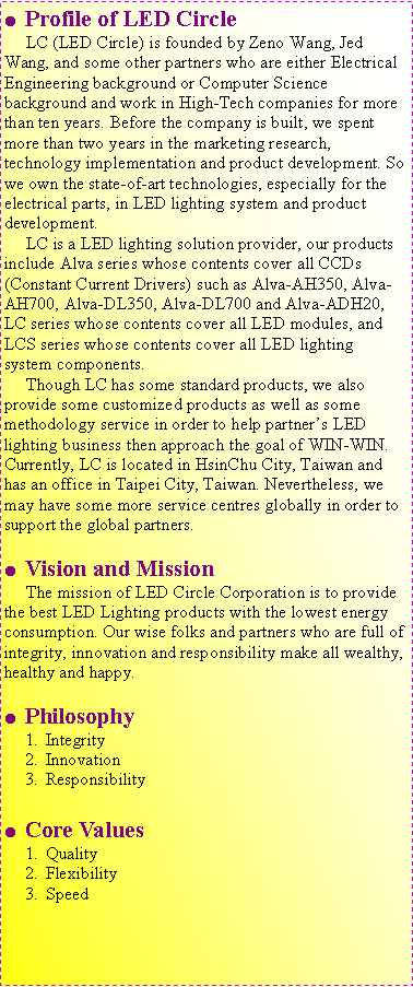 ��r���: Profile of LED Circle     LC (LED Circle) is founded by Zeno Wang, Jed Wang, and some other partners who are either Electrical Engineering background or Computer Science background and work in High-Tech companies for more than ten years. Before the company is built, we spent more than two years in the marketing research, technology implementation and product development. So we own the state-of-art technologies, especially for the electrical parts, in LED lighting system and product development.     LC is a LED lighting solution provider, our products include Alva series whose contents cover all CCDs (Constant Current Drivers) such as Alva-AH350, Alva-AH700, Alva-DL350, Alva-DL700 and Alva-ADH20, LC series whose contents cover all LED modules, and LCS series whose contents cover all LED lighting system components.     Though LC has some standard products, we also provide some customized products as well as some methodology service in order to help partner��s LED lighting business then approach the goal of WIN-WIN.Currently, LC is located in HsinChu City, Taiwan and has an office in Taipei City, Taiwan. Nevertheless, we may have some more service centres globally in order to support the global partners.Vision and Mission     The mission of LED Circle Corporation is to provide the best LED Lighting products with the lowest energy consumption. Our wise folks and partners who are full of integrity, innovation and responsibility make all wealthy, healthy and happy.PhilosophyIntegrityInnovationResponsibilityCore ValuesQualityFlexibilitySpeed